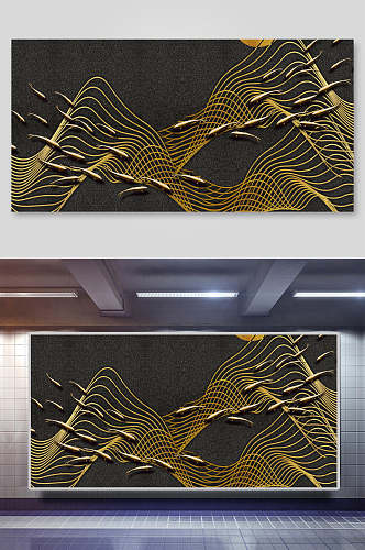 线条金色新中式装饰画背景