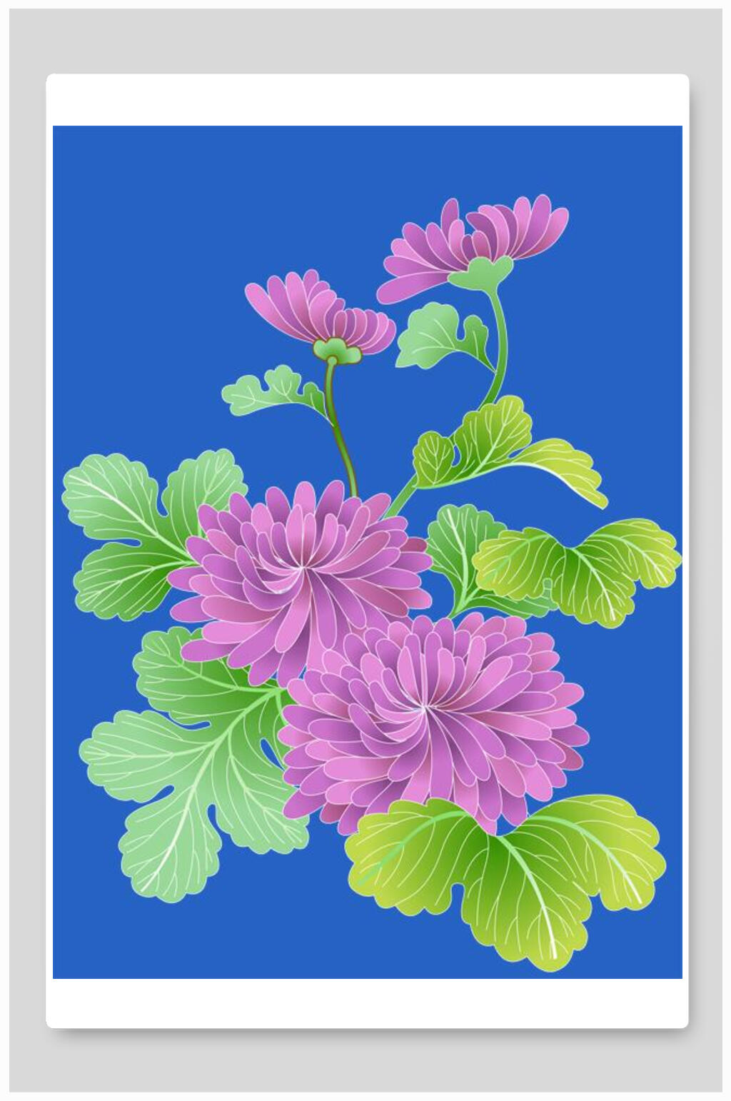 蓝色背景新中式花朵插画素材