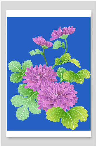蓝色背景新中式花朵插画