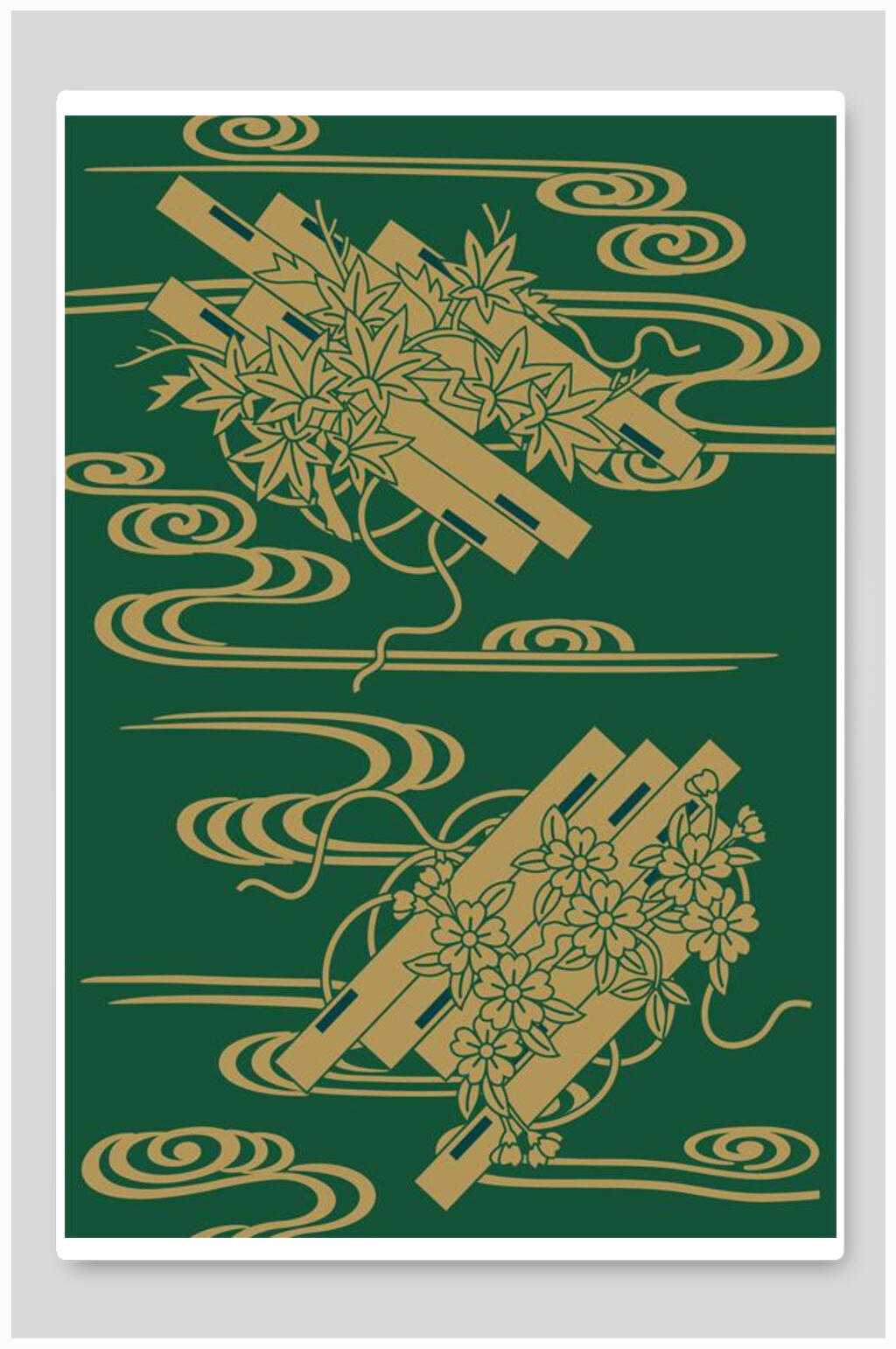 绿色新中式花朵插画素材