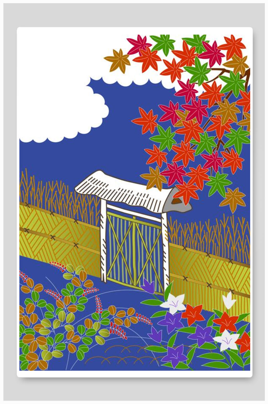 篱笆门新中式花朵插画素材