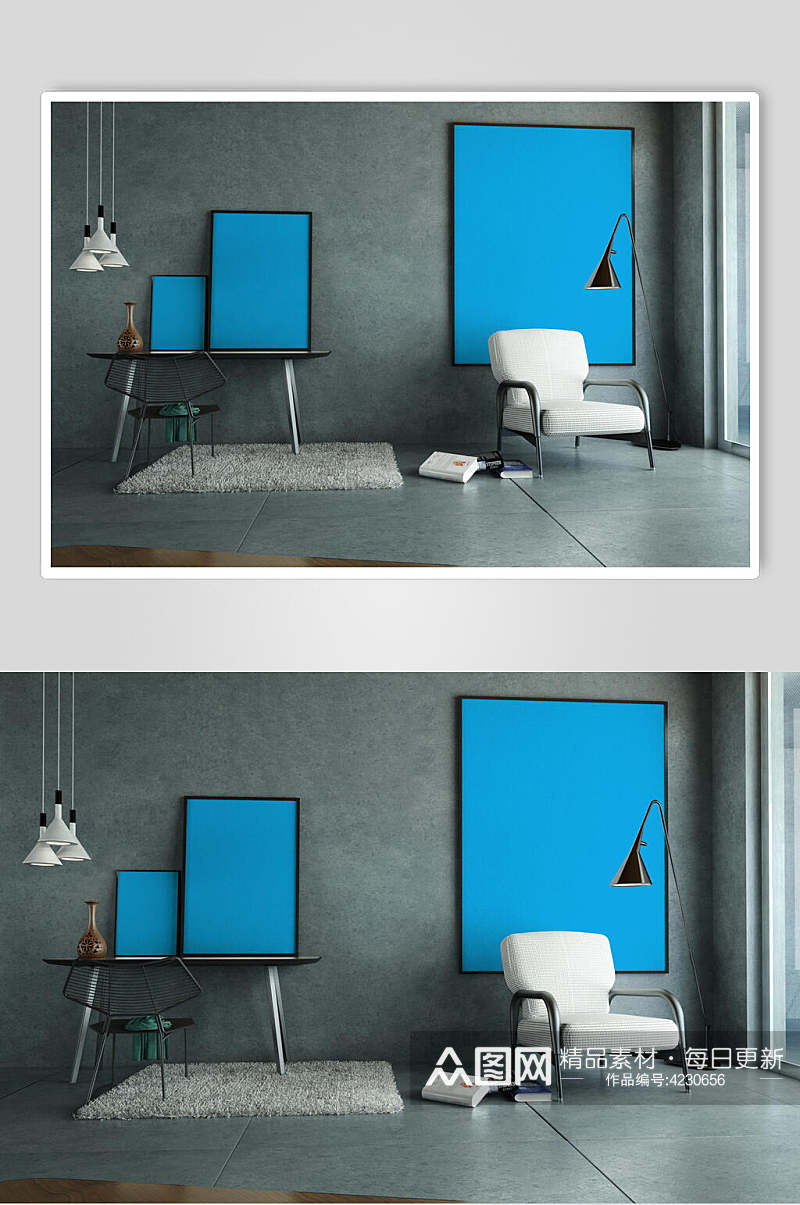 长方形灯具板凳地毯蓝相框样机素材
