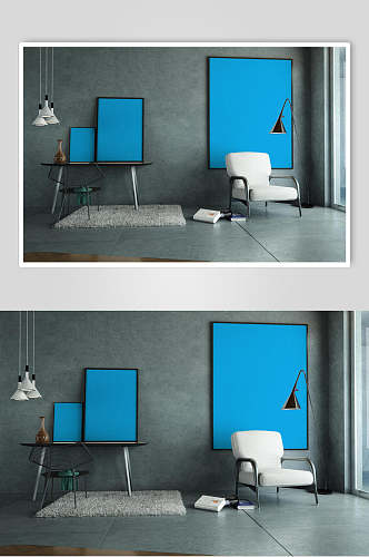 长方形灯具板凳地毯蓝相框样机