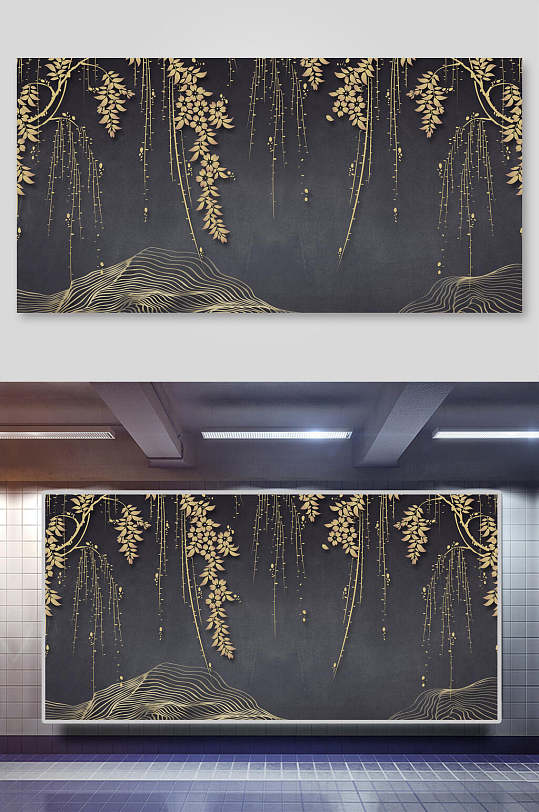 柳叶新中式装饰画背景