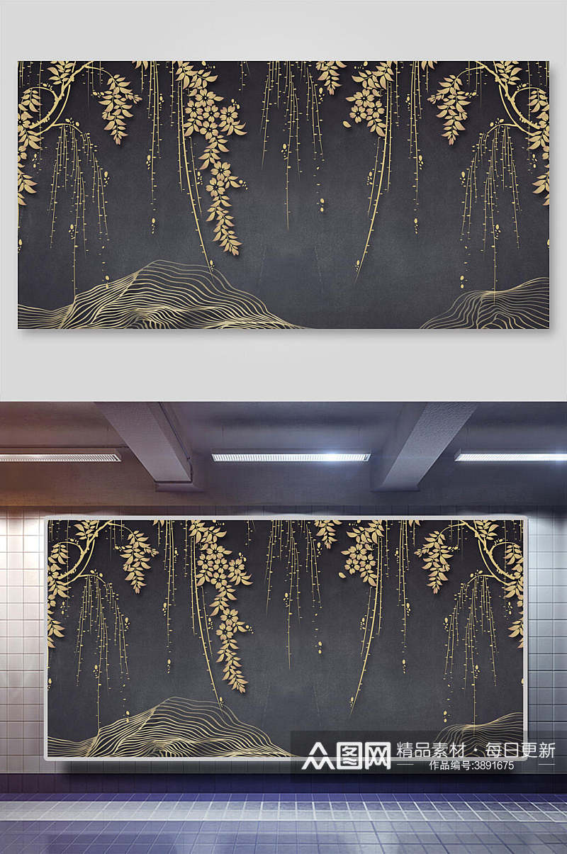 柳叶新中式装饰画背景素材