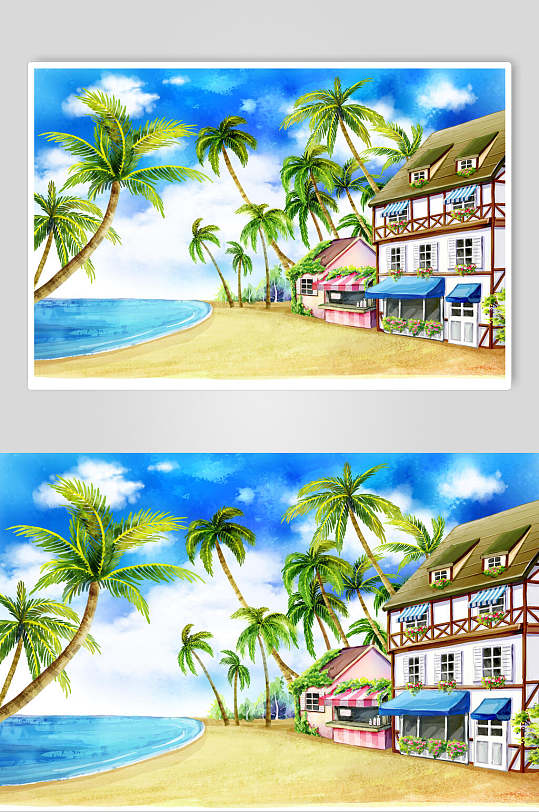 海边房子椰树卡通插画