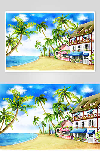 海边房子椰树卡通插画