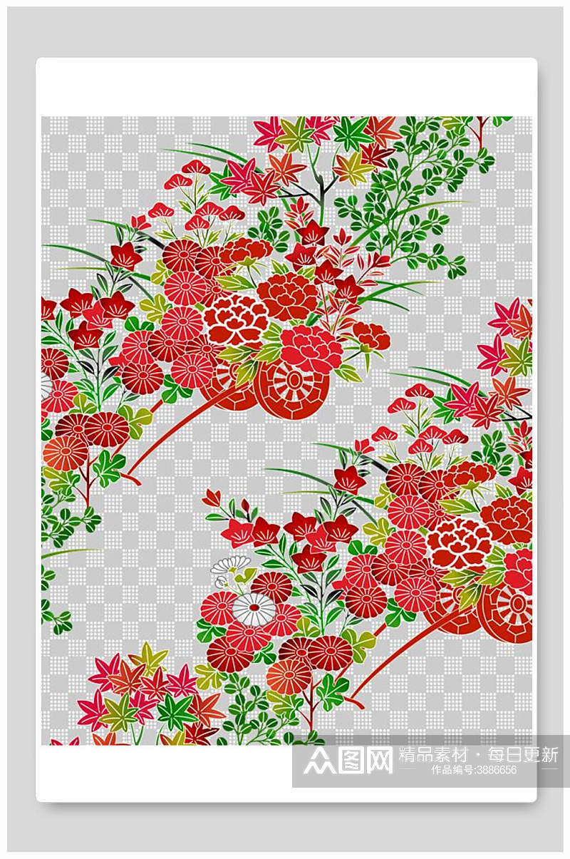 红色花新中式花朵插画素材