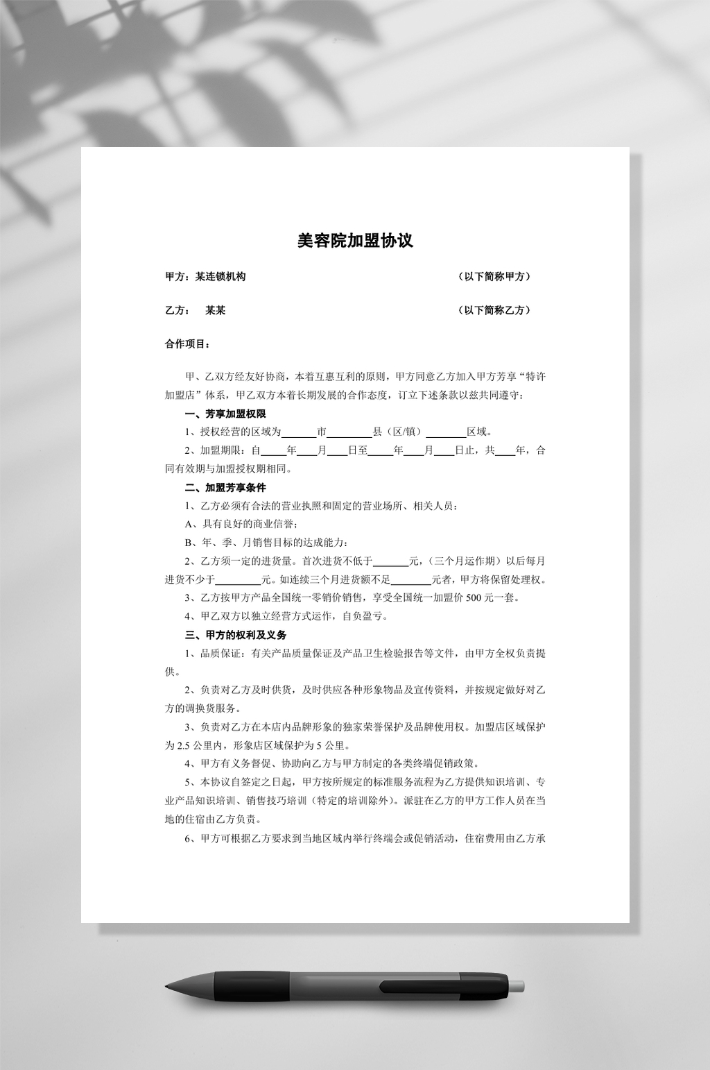 通用美容院加盟协议WORD素材