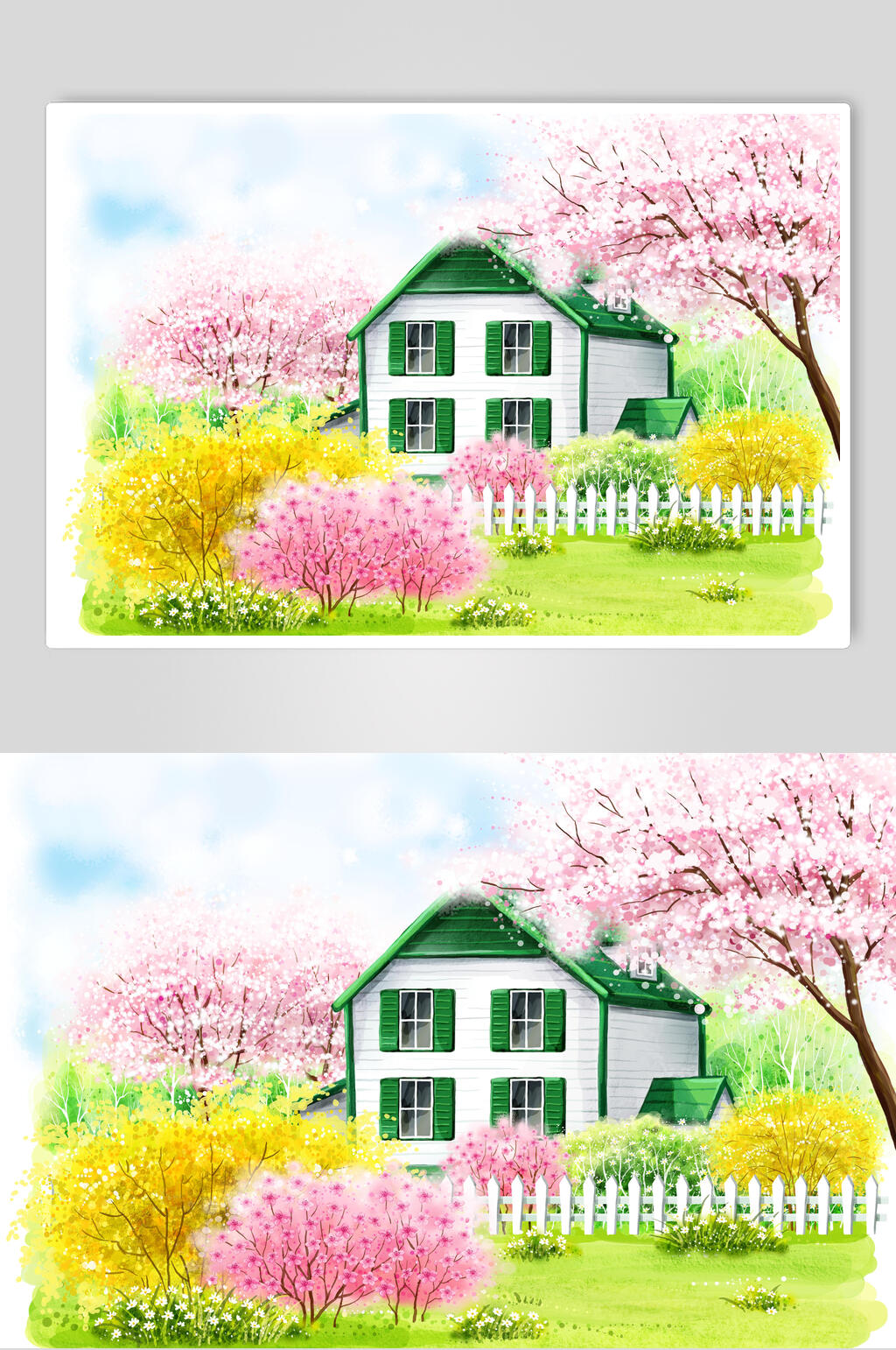 绿色房子花朵卡通插画素材