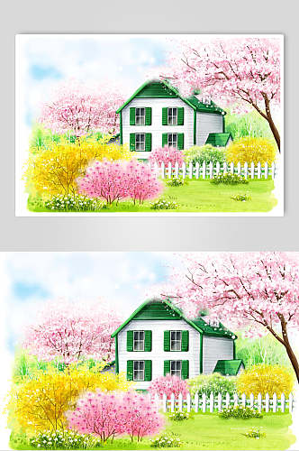 绿色房子花朵卡通插画