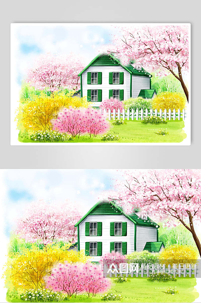 绿色房子花朵卡通插画素材