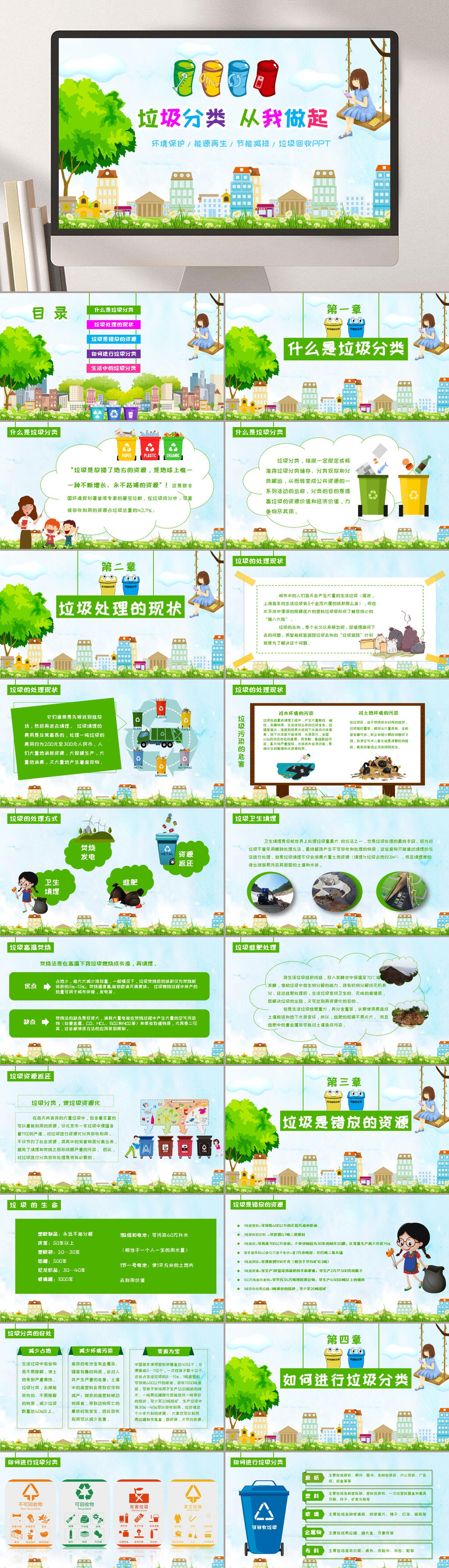 手绘垃圾分类从我做起垃圾分类教育PPT素材