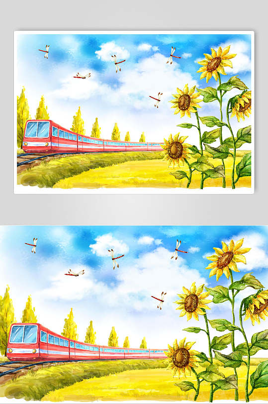 黄色向日葵小蜻蜓火车卡通插画
