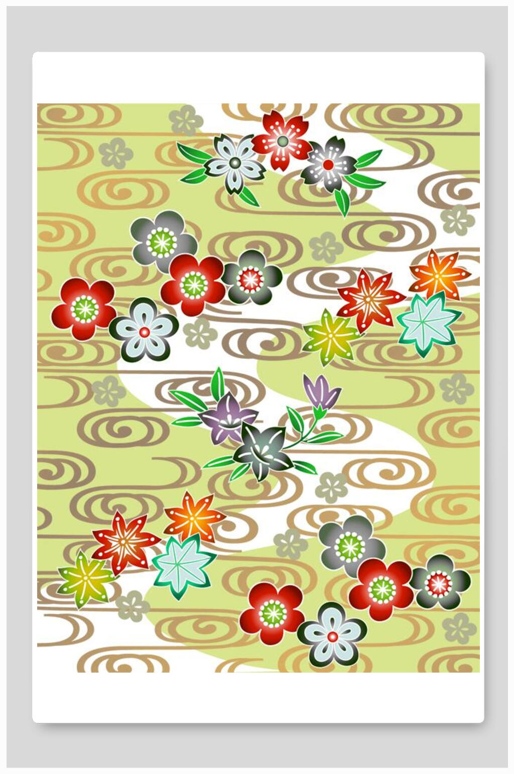 青色新中式花朵插画素材
