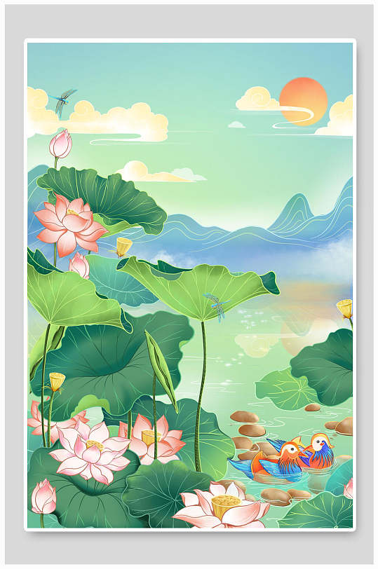 荷花荷叶创意国潮插画-众图网