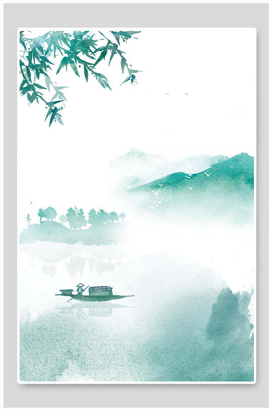 简约大气渔船中国风水墨工笔画背景