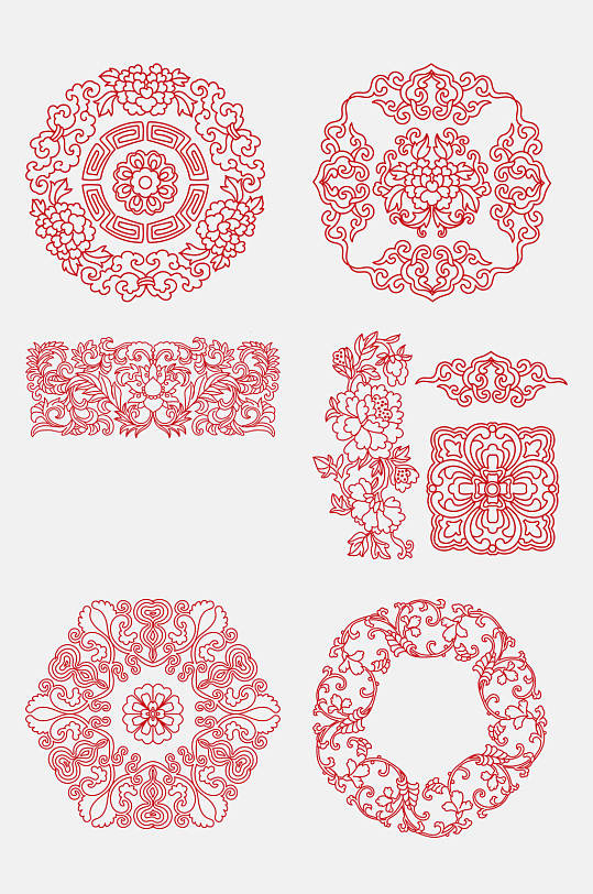 红色剪纸花朵大气中国风纹饰免抠素材