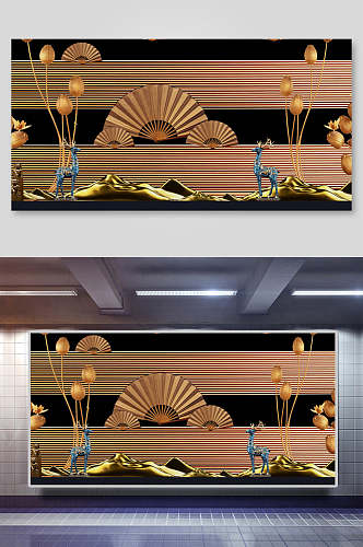 折扇新中式装饰画背景