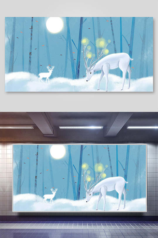 白色鹿新中式装饰画背景