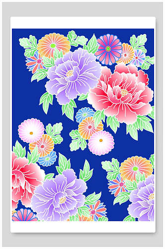 蓝色新中式花朵插画