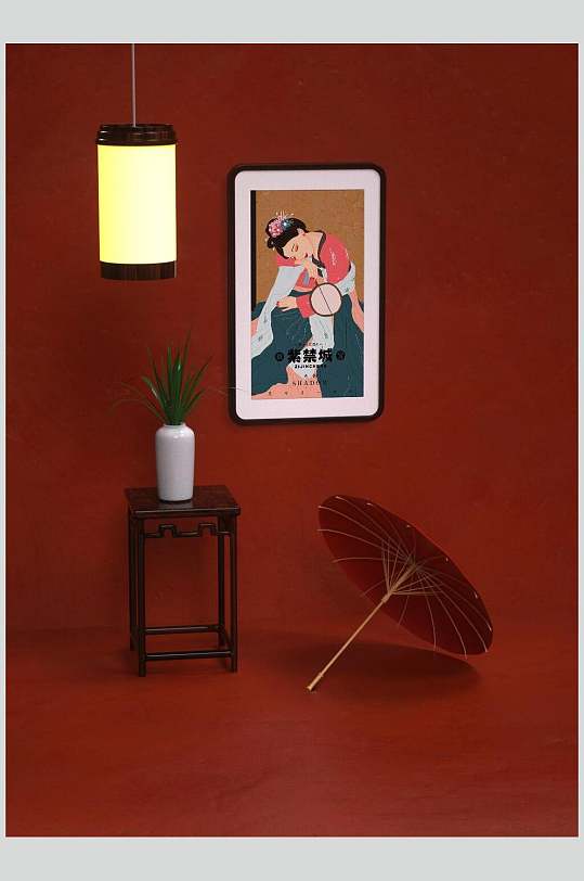 雨伞紫禁城挂画植物装饰画样机