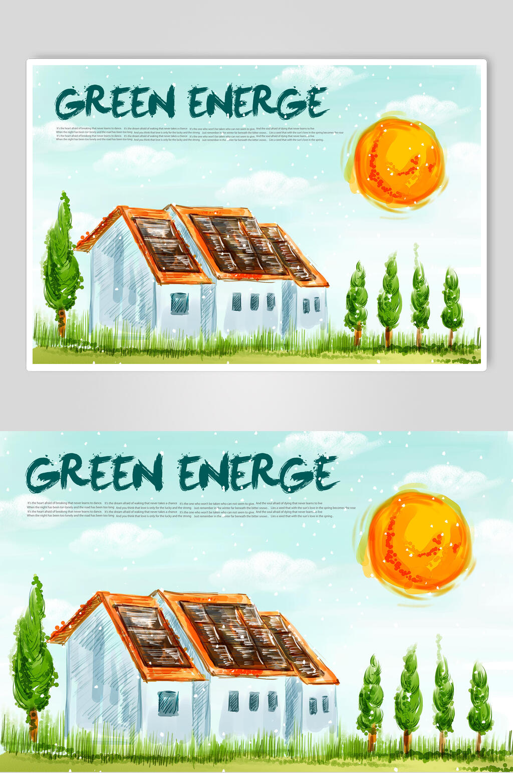 太阳能房子绿色节能插画素材