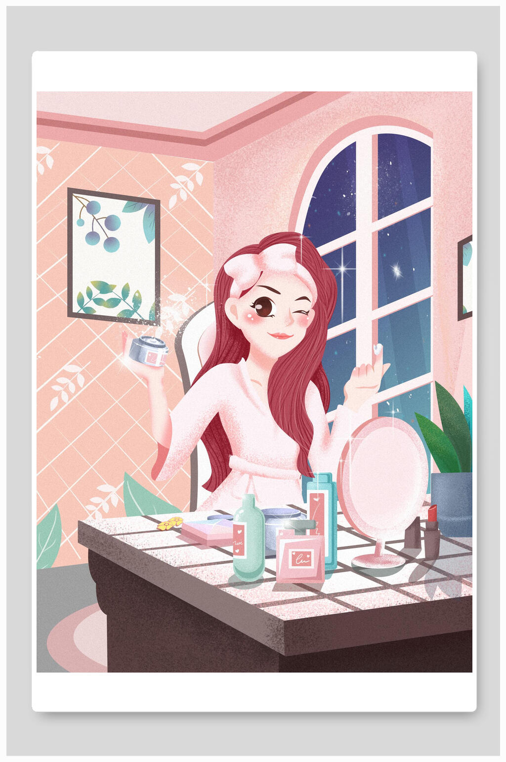 粉色靓女美白护肤插画素材