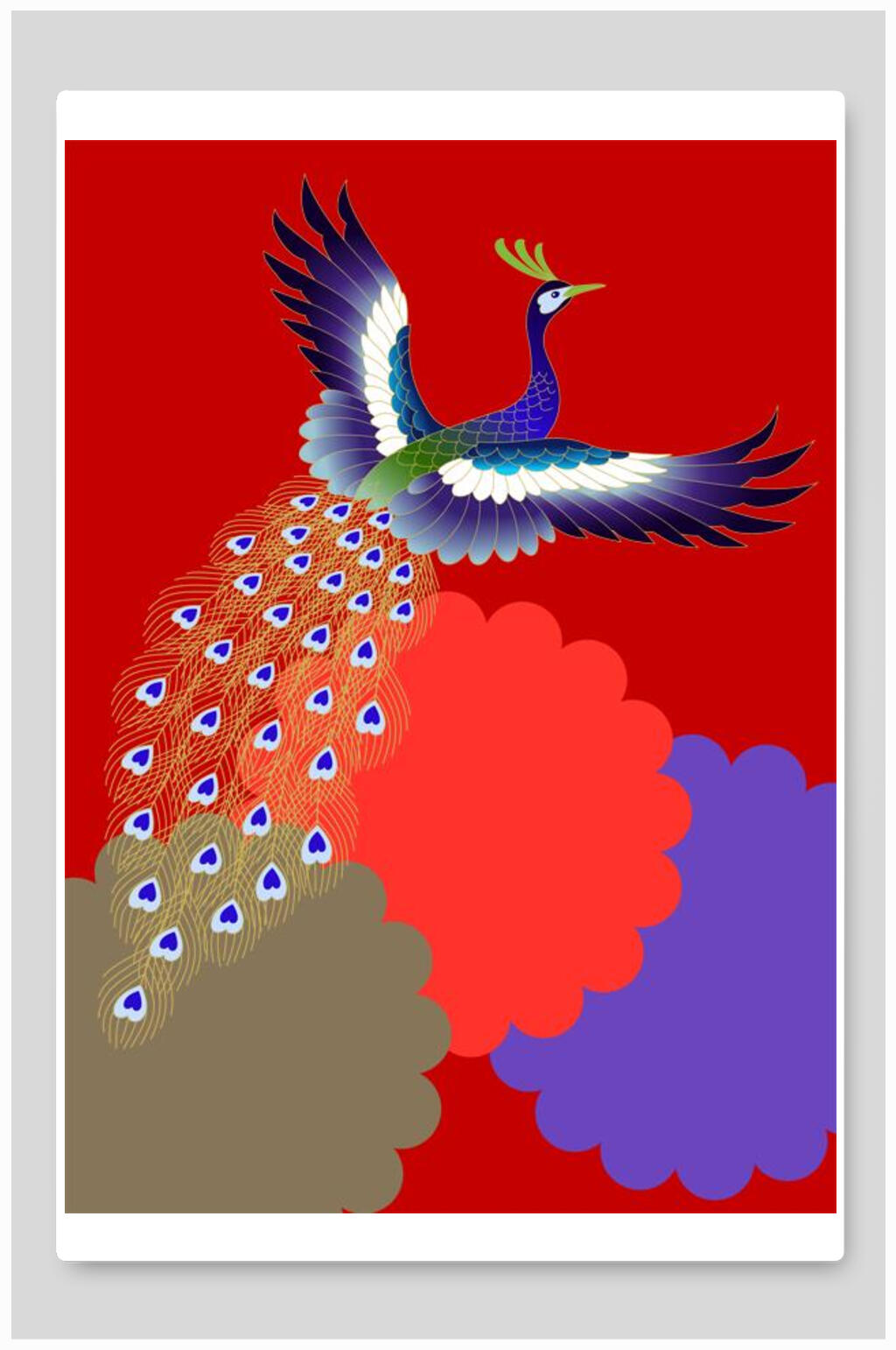 红色孔雀新中式花朵插画素材