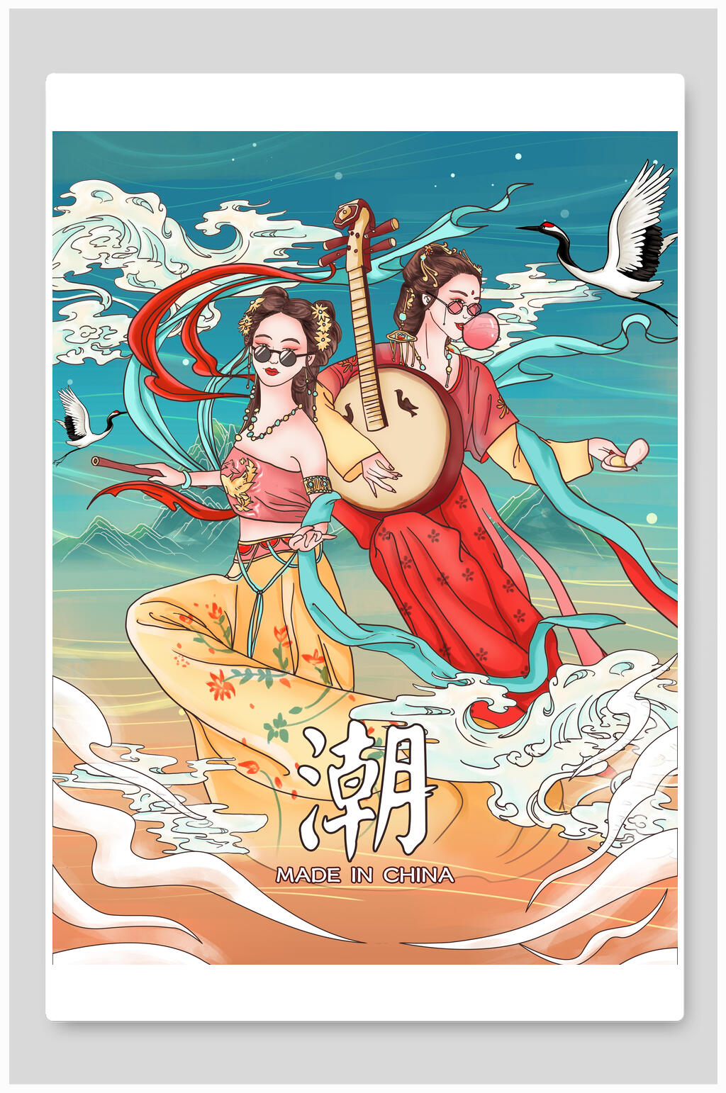 创意仙鹤绸缎创意国潮插画素材