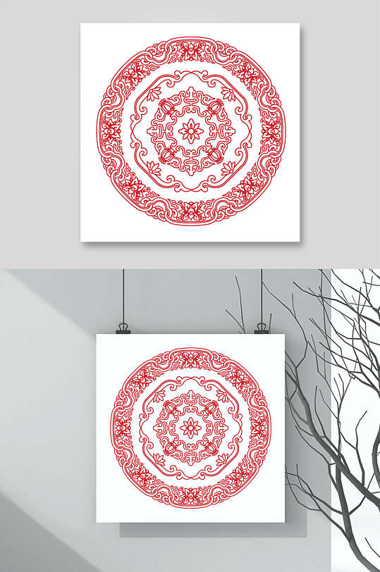 时尚圆形红简约中国风花纹矢量素材