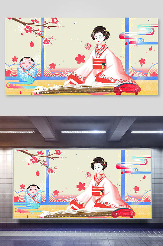 红色古筝浮世绘侍女插画