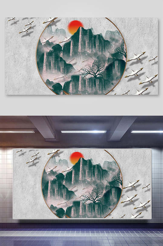 青山飞鸟新中式装饰画背景