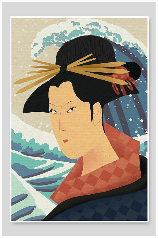 海浪滔天浮世绘侍女插画