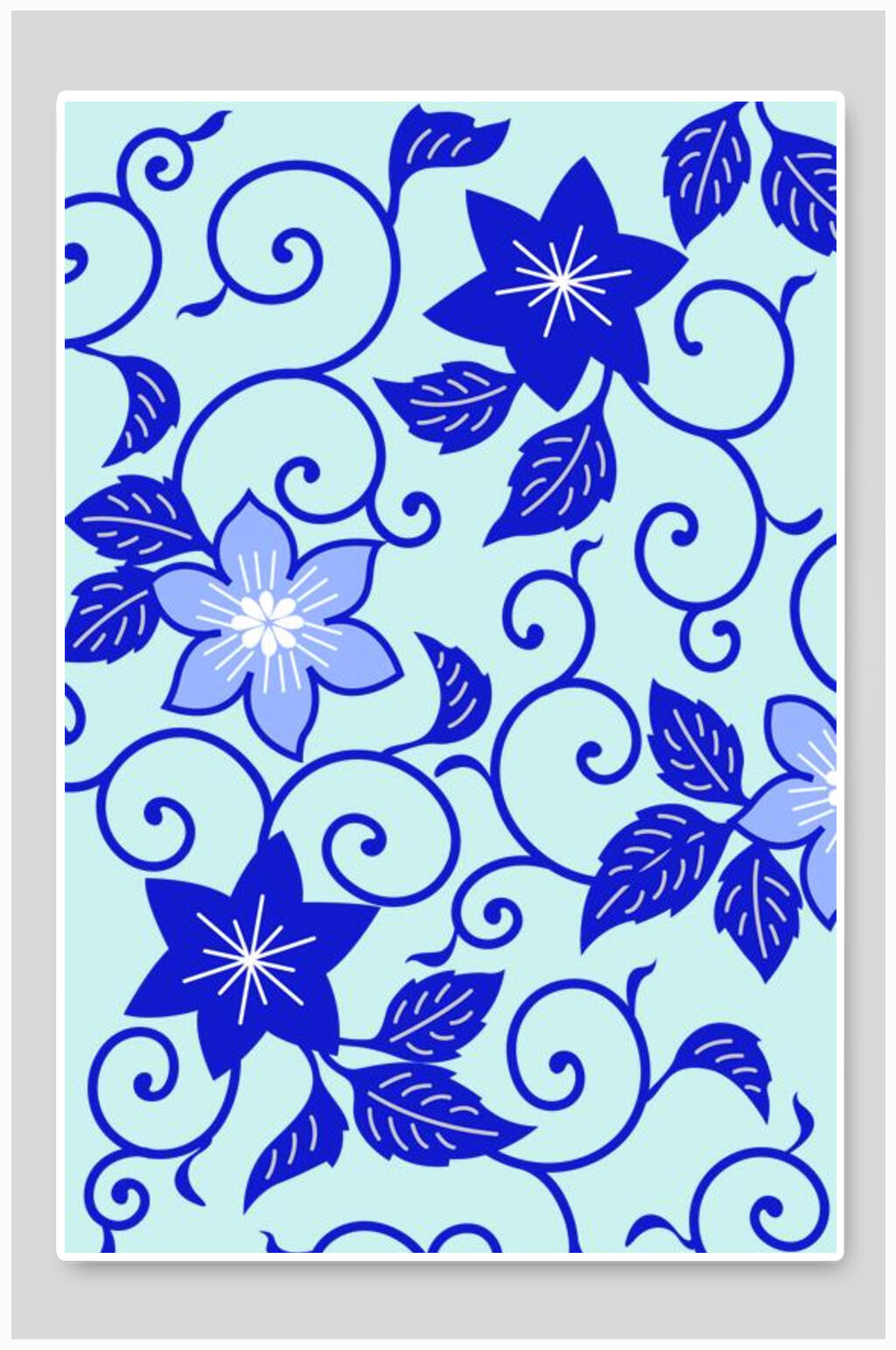 蓝色叶子新中式花朵插画素材
