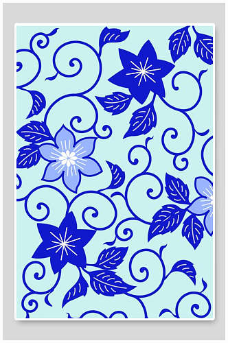 蓝色叶子新中式花朵插画
