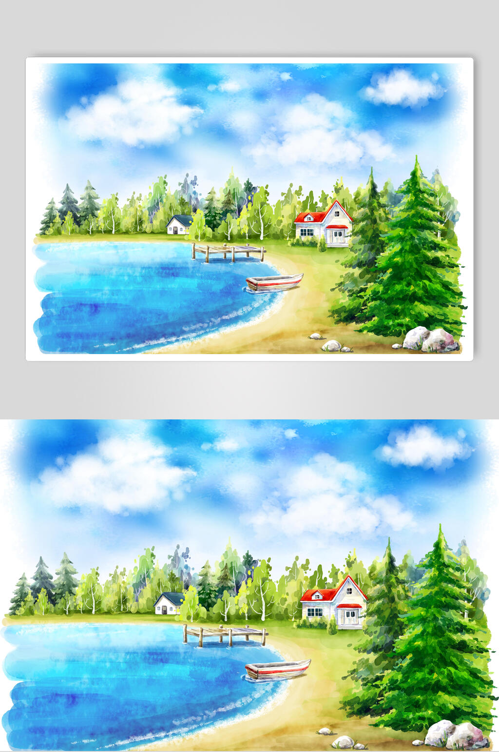 小树房子小船卡通插画素材