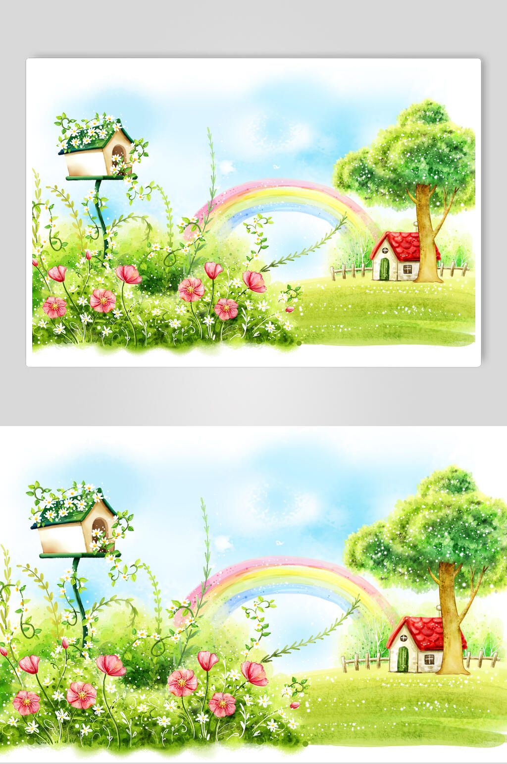 花朵彩虹小树卡通插画素材