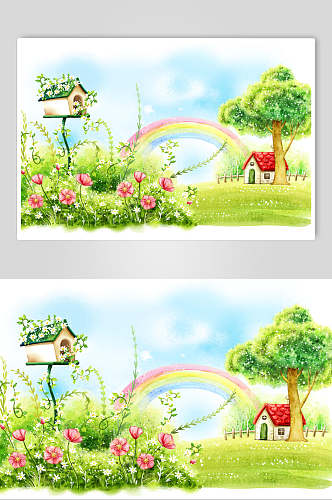 花朵彩虹小树卡通插画