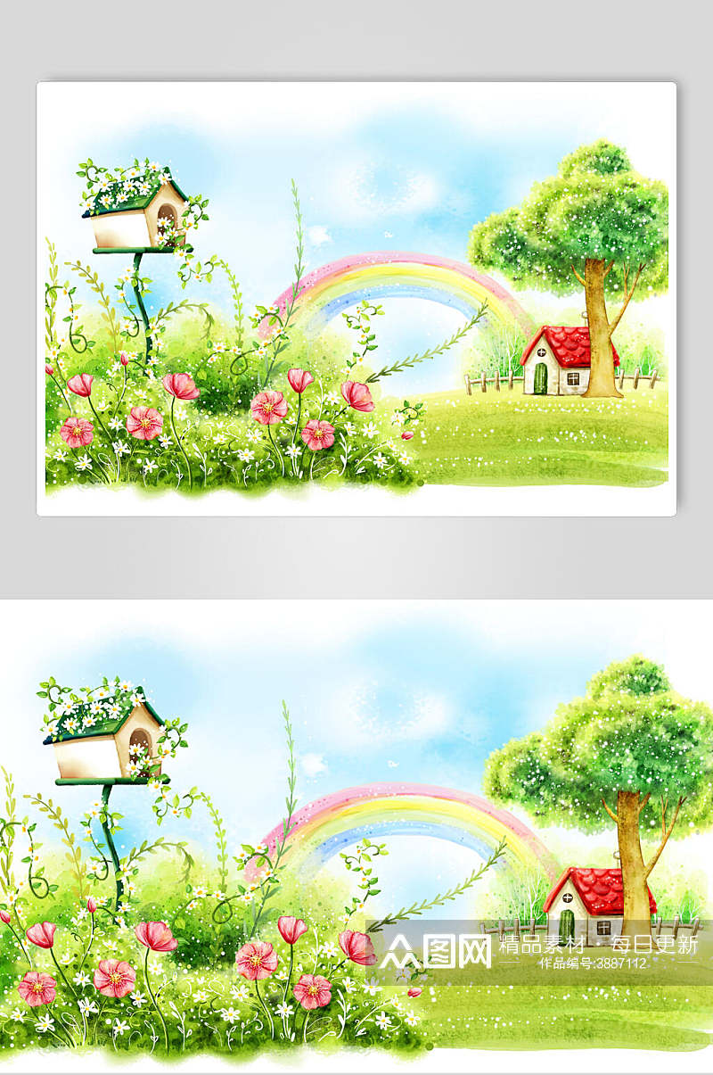 花朵彩虹小树卡通插画素材