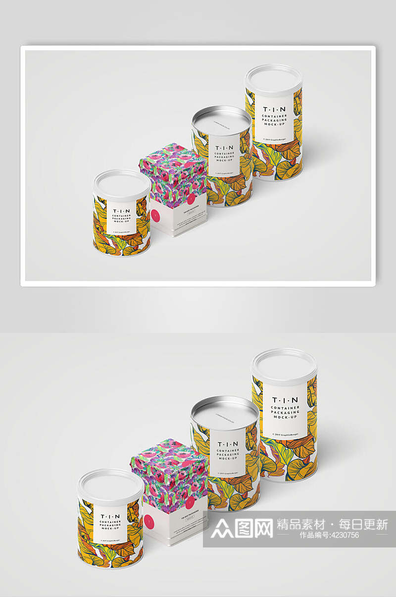 叶子手绘团英文字母茶叶铁罐样机素材