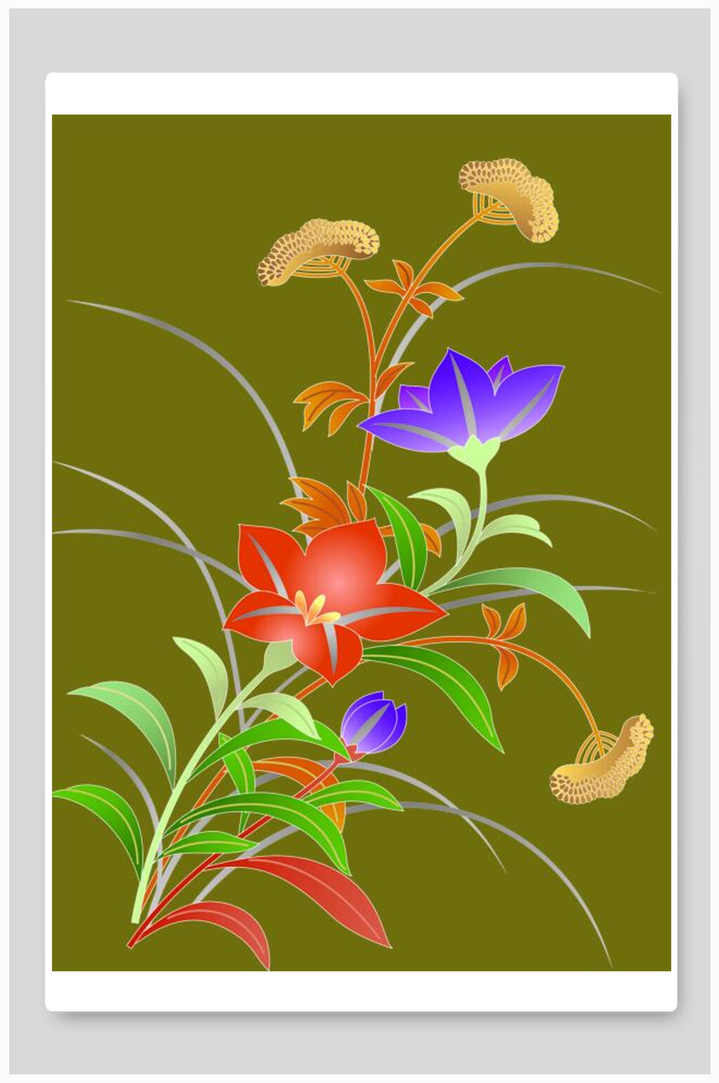 典雅高端绿叶新中式花朵插画素材