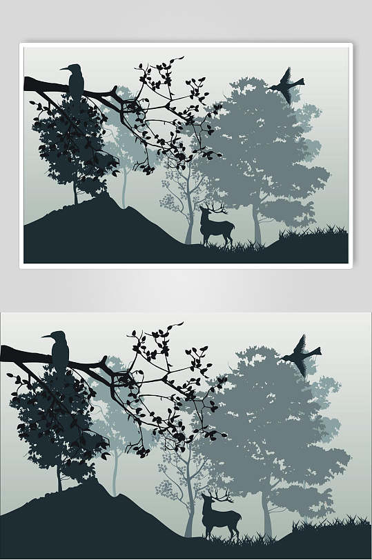 简约大气麋鹿鸟森林插画