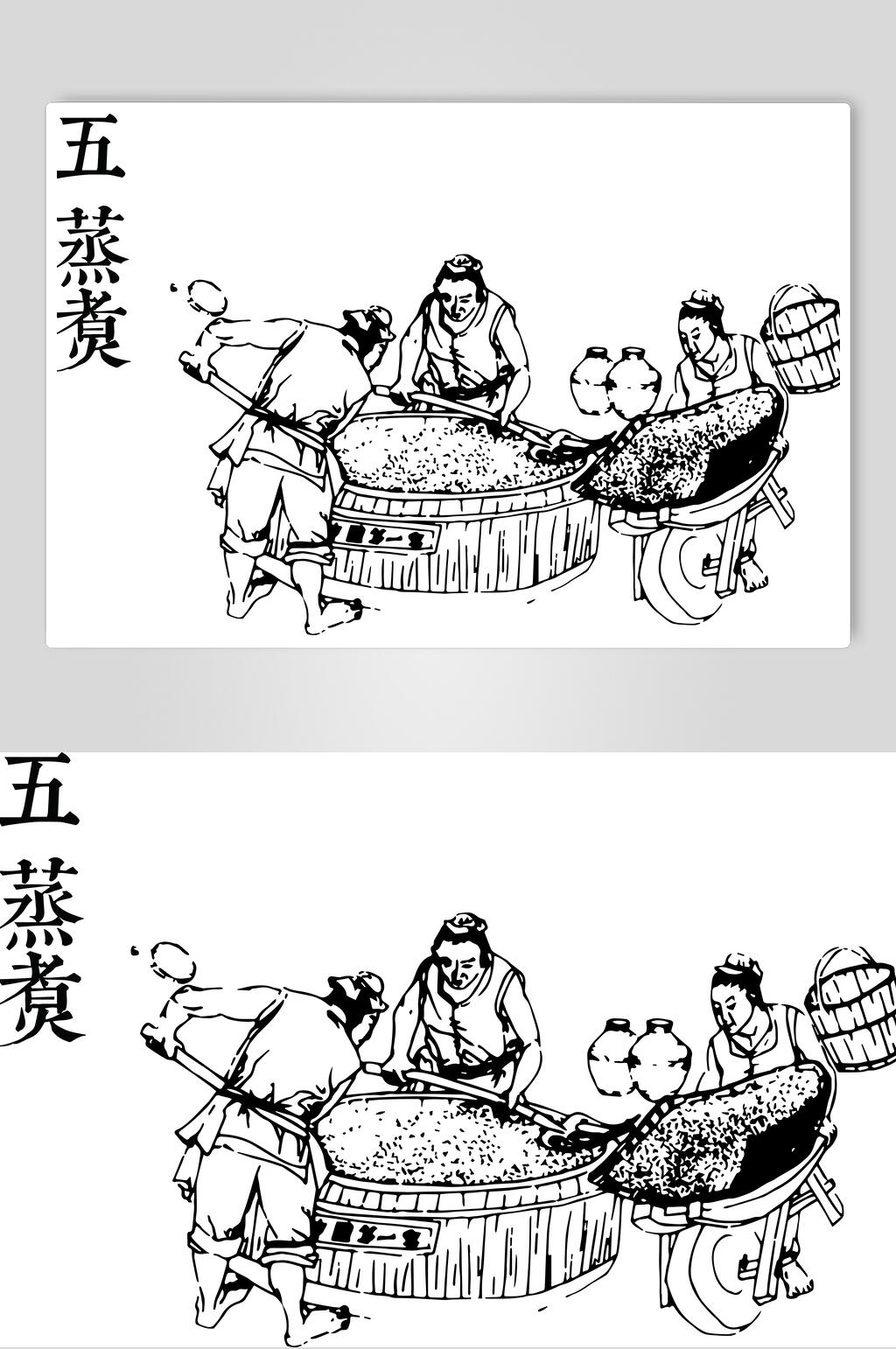 五蒸煮酿酒工艺流程矢量线描图素材素材