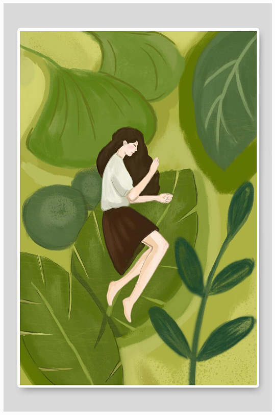 浪漫优雅清新简约女孩叶子森系插画