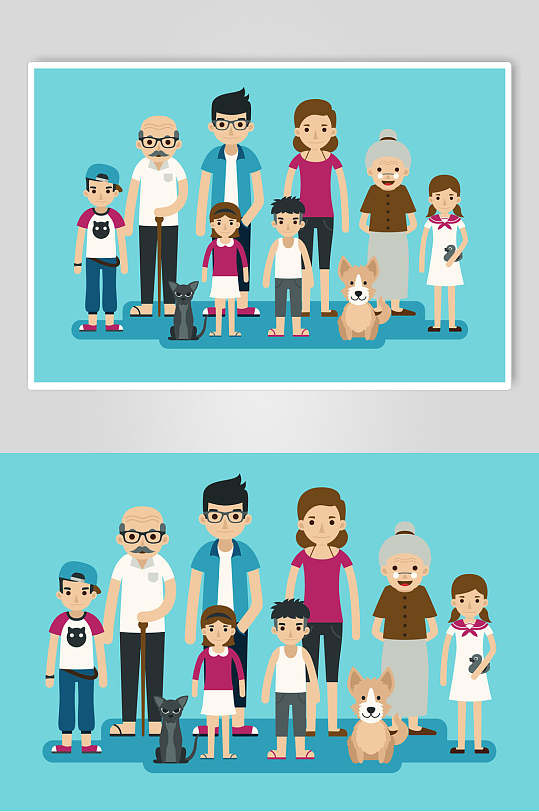 蓝色唯美简约卡通家庭人物矢量素材