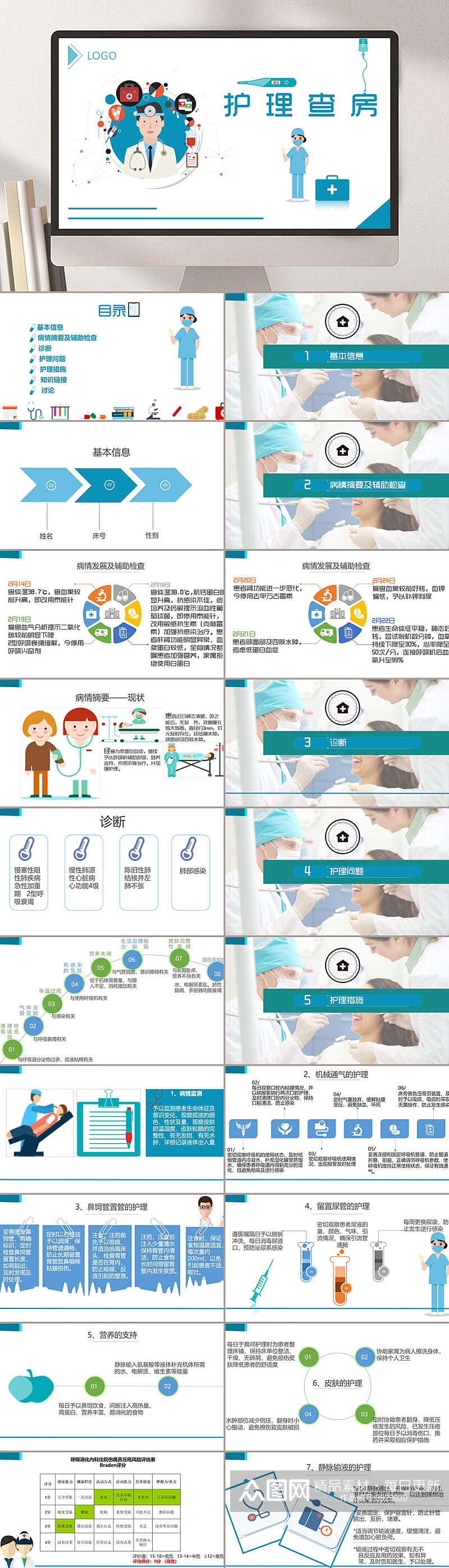 蓝白创意护理查房专用医疗PPT素材