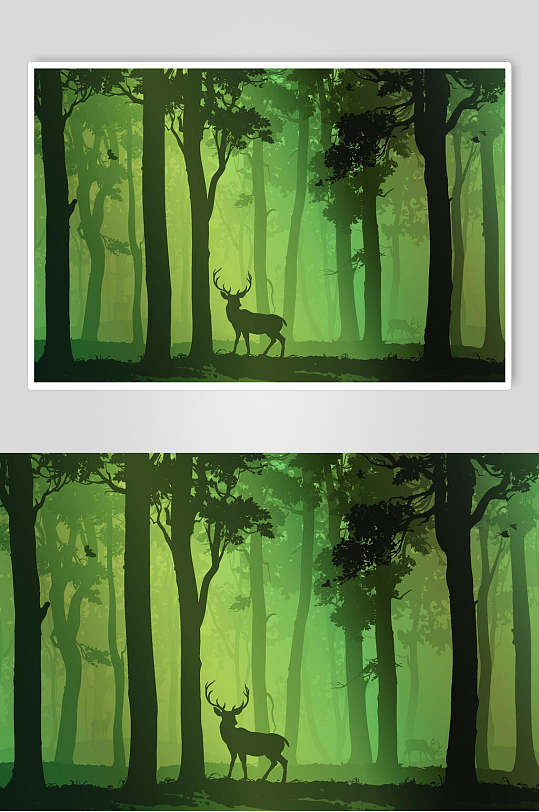 麋鹿黑绿渐变创意高端清新森林插画
