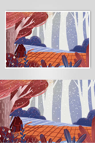 创意森林下雪唯美梦幻插画