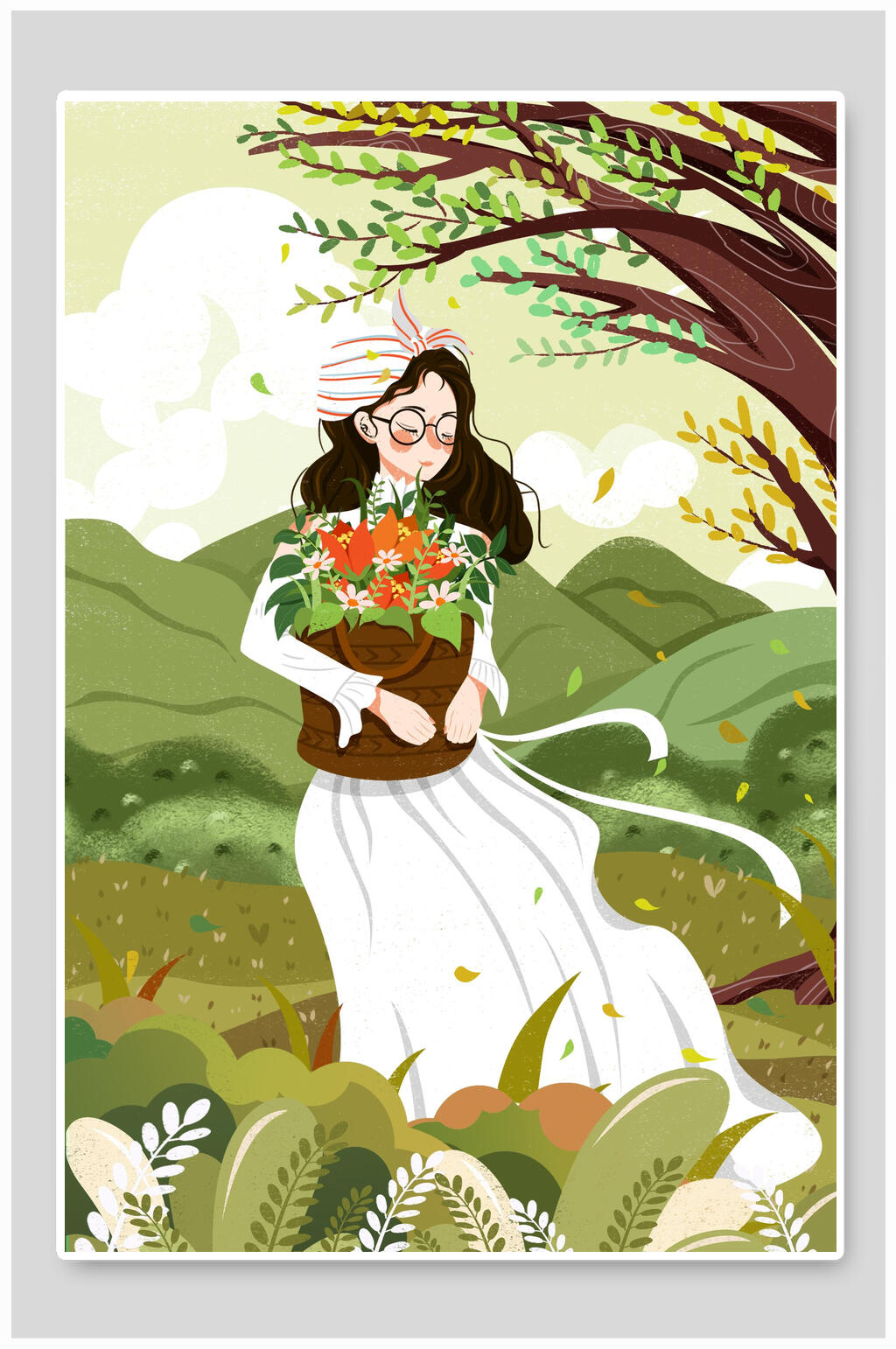 女孩抱着花朵叶子树枝简约森系插画素材